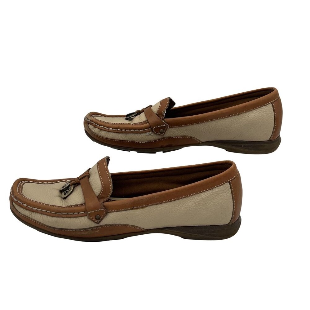 Etienne Aigner Womens Tan & Cream Leather Loafers With Gold Logo Charms Size 6.5